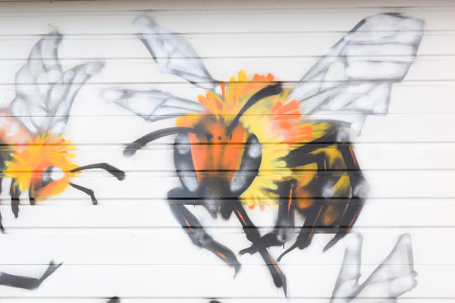 Honeybee Mural by artist Manny Arechiga at Old Blue Raw Honey in Philomath, OR